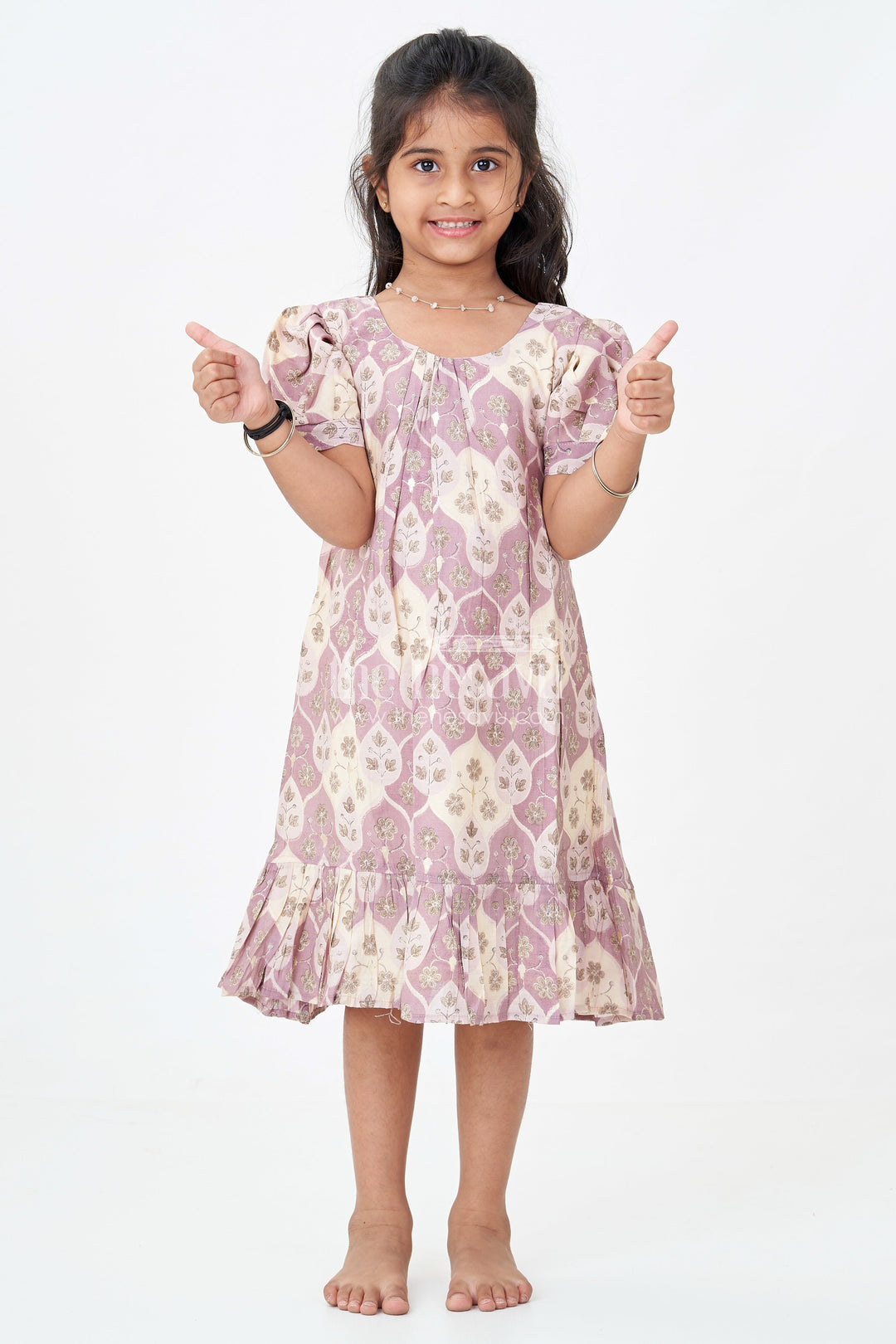 The Nesavu Girls Fancy Frock Girls Unique Frock Design in Lavender Muslin Silk with Leaf Print and Puffy Sleeves for Everyday Grace Nesavu 18 (2Y) / Purple GFC1757C-18 Nesavu Lavender Muslin Silk Unique Frock Design Leaf Print Puff Sleeves Girls
