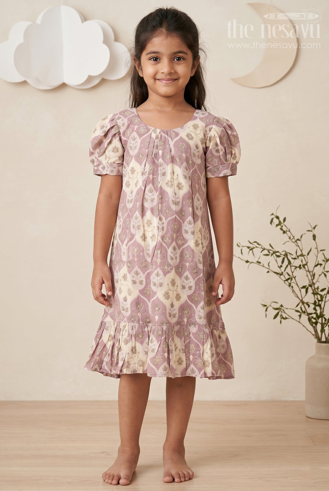 The Nesavu Girls Fancy Frock Girls Unique Frock Design in Lavender Muslin Silk with Leaf Print and Puffy Sleeves for Everyday Grace Nesavu 18 (2Y) / Purple GFC1757C-18 Nesavu Lavender Muslin Silk Unique Frock Design Leaf Print Puff Sleeves Girls
