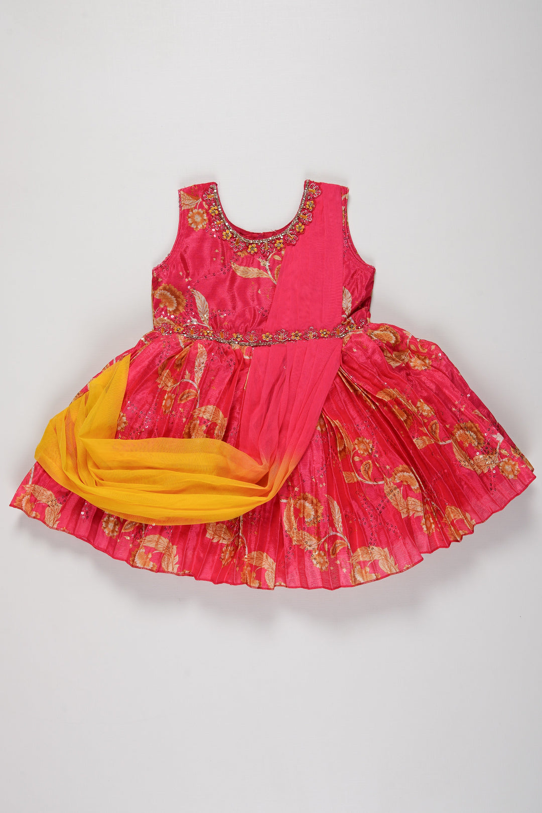 The Nesavu Silk Party Frock Girls Vibrant Pink and Yellow Silk Frock with Floral Embroidery Nesavu 18 (2Y) / Pink / Chinnon SF766A-18 Buy Girls Pink Floral Silk Frock Online | Vibrant Party Wear for Girls | The Nesavu
