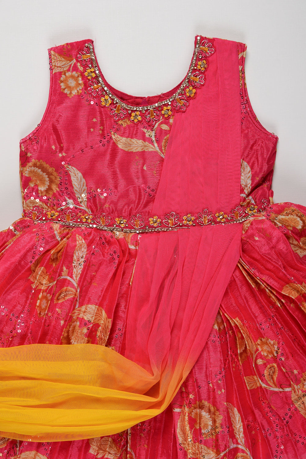 The Nesavu Silk Party Frock Girls Vibrant Pink and Yellow Silk Frock with Floral Embroidery Nesavu Buy Girls Pink Floral Silk Frock Online | Vibrant Party Wear for Girls | The Nesavu