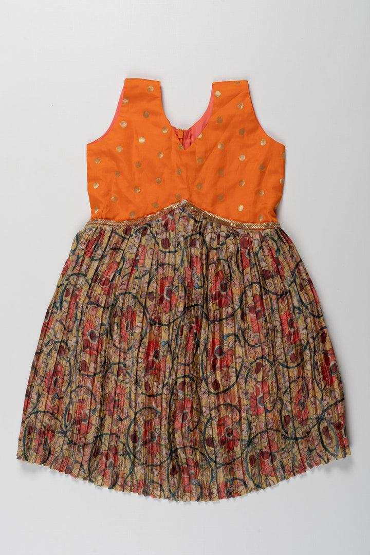 The Nesavu Silk Frock Girls Vibrant Polka Dot and Floral Silk Frock Nesavu 14 (6M) / Orange / Style 1 SF769A-14 Buy Girls Silk Frock with Polka Dots and Floral Design | Colorful Party Dress for Kids | The Nesavu