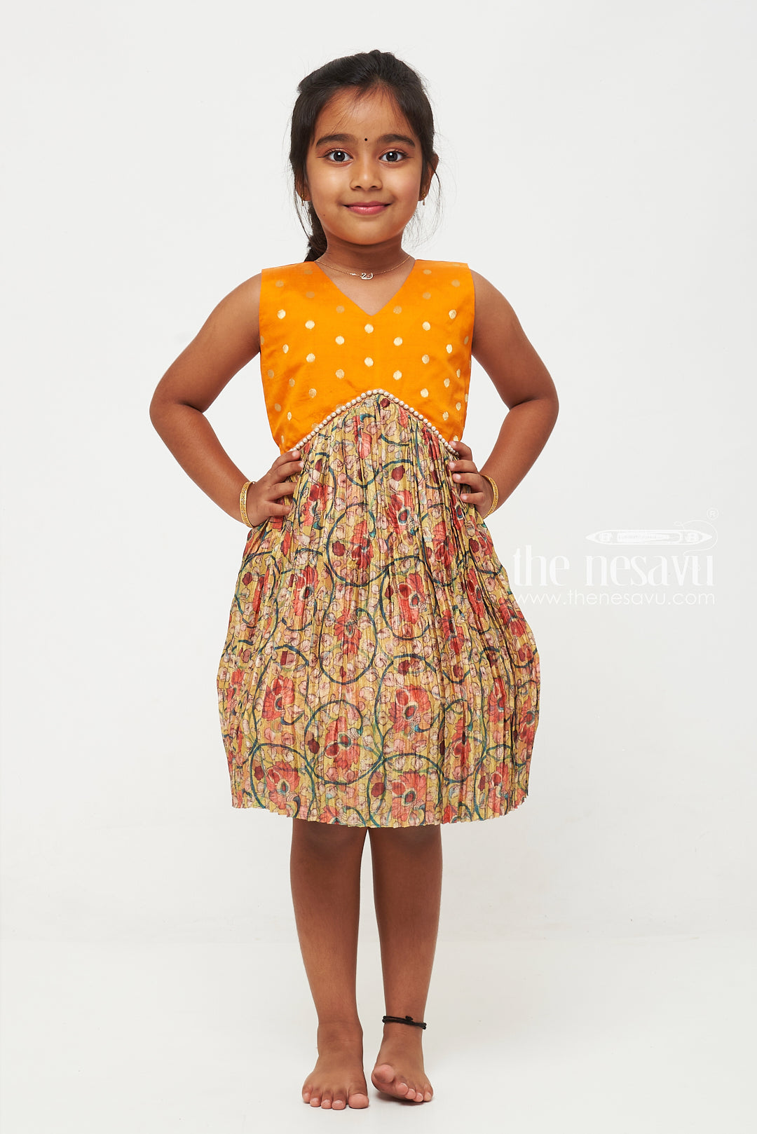Buy Girls Silk Frock with Polka Dots and Floral Design The