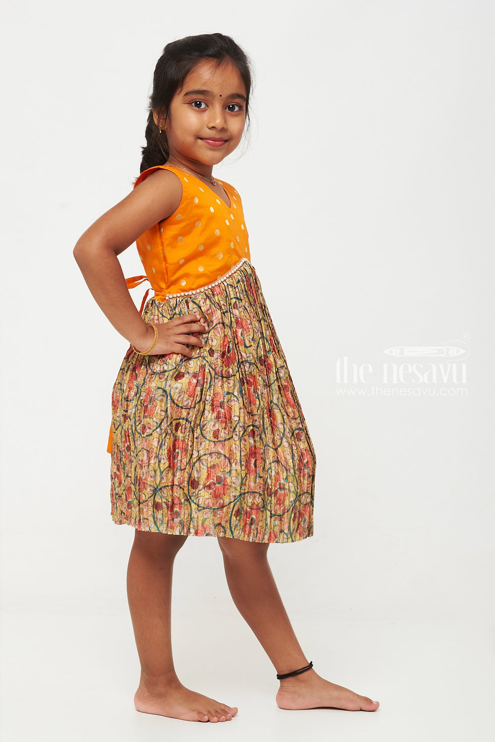 The Nesavu Silk Frock Girls Vibrant Polka Dot and Floral Silk Frock Nesavu Buy Girls Silk Frock with Polka Dots and Floral Design | Colorful Party Dress for Kids | The Nesavu