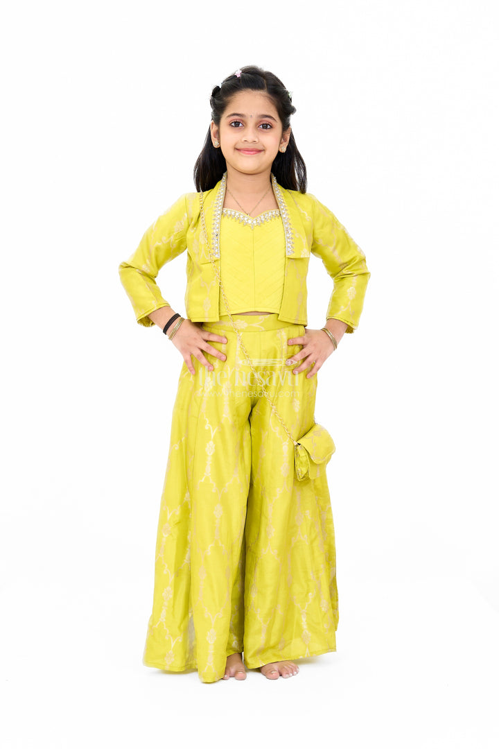 The Nesavu Girls Sharara / Plazo Set Girls Viscose Silk Bridal Sharara Set with Embroidered Jacket and Flared Pants Nesavu 24 (5Y) / Green GPS494A-24 Nesavu Girls Bridal Sharara Set Viscose Silk Embroidered Jacket Flared Pants