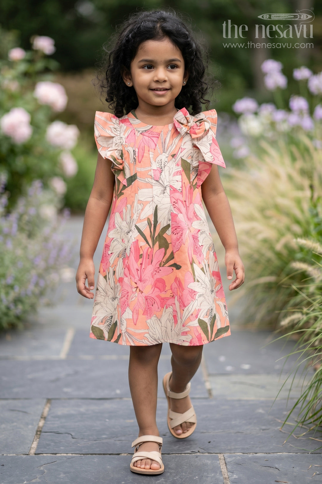 The Nesavu Girls Cotton Frock Girls Viscose Silk Fairy Frock with Soft Floral Digital Print and Ruffle Shoulder for Whimsical Everyday Charm Nesavu 18 (2Y) / Pink GFC1663C-18 Girls Fairy Frock Viscose Silk Ruffled Sleeves Magical Floral Digital Print | The Nesavu