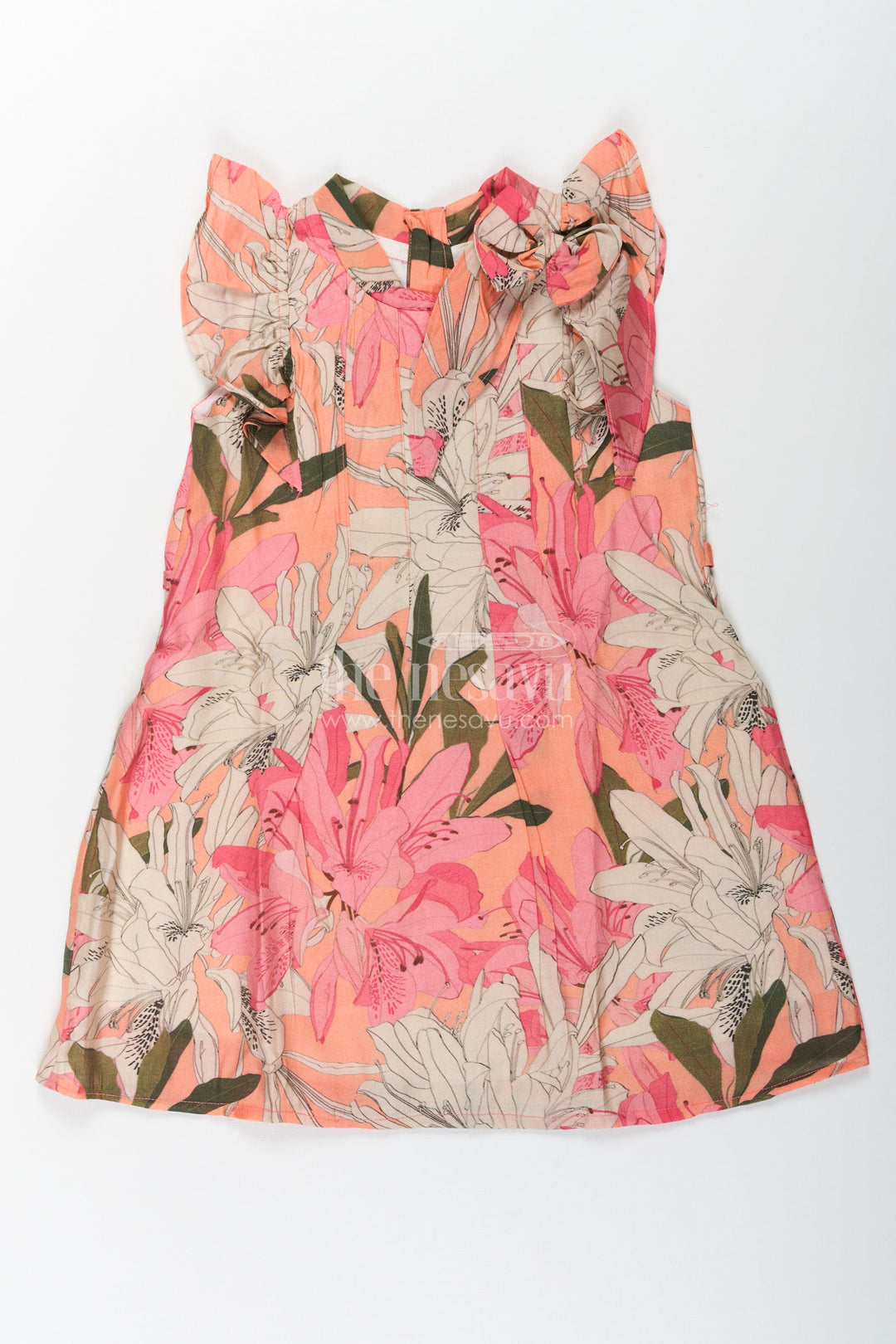 The Nesavu Girls Cotton Frock Girls Viscose Silk Fairy Frock with Soft Floral Digital Print and Ruffle Shoulder for Whimsical Everyday Charm Nesavu 18 (2Y) / Pink GFC1663C-18 Nesavu Girls Fairy Frock Viscose Silk Ruffled Sleeves Magical Floral Digital Print