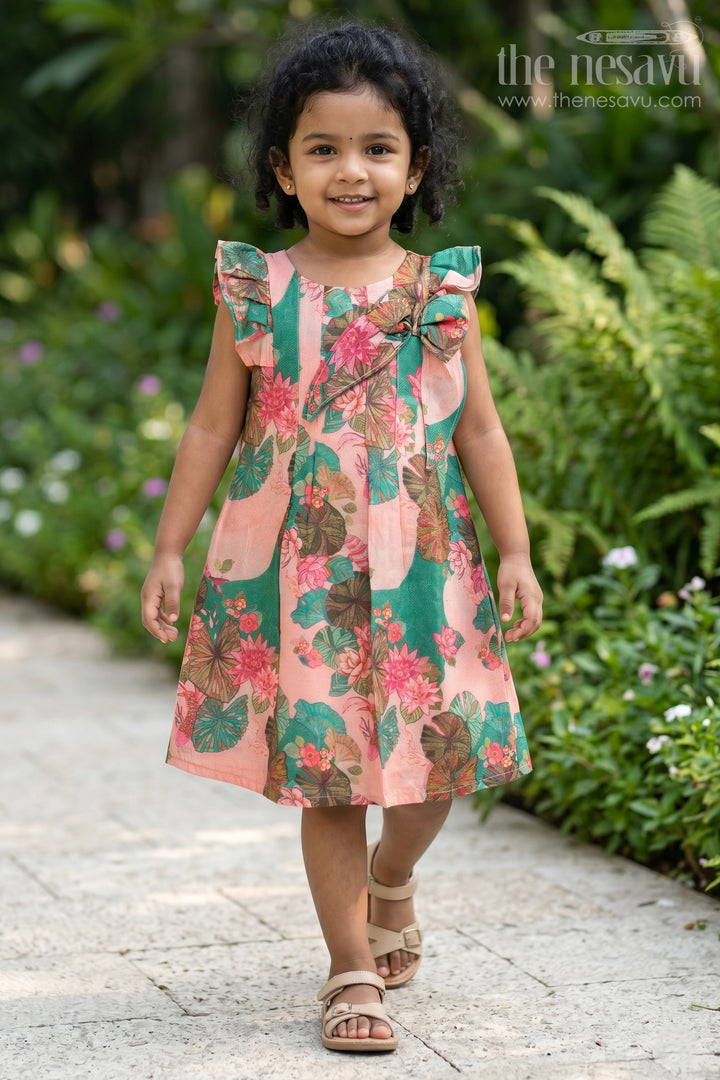 The Nesavu Girls Cotton Frock Girls Viscose Silk Frock Floral Design with Lotus Print and Pleated Details for Comfortable Daywear Nesavu 18 (2Y) / Pink GFC1664A-18 Girls Frock Floral Design Viscose Silk Lotus Motifs Soft Ruffled Sleeves | The Nesavu