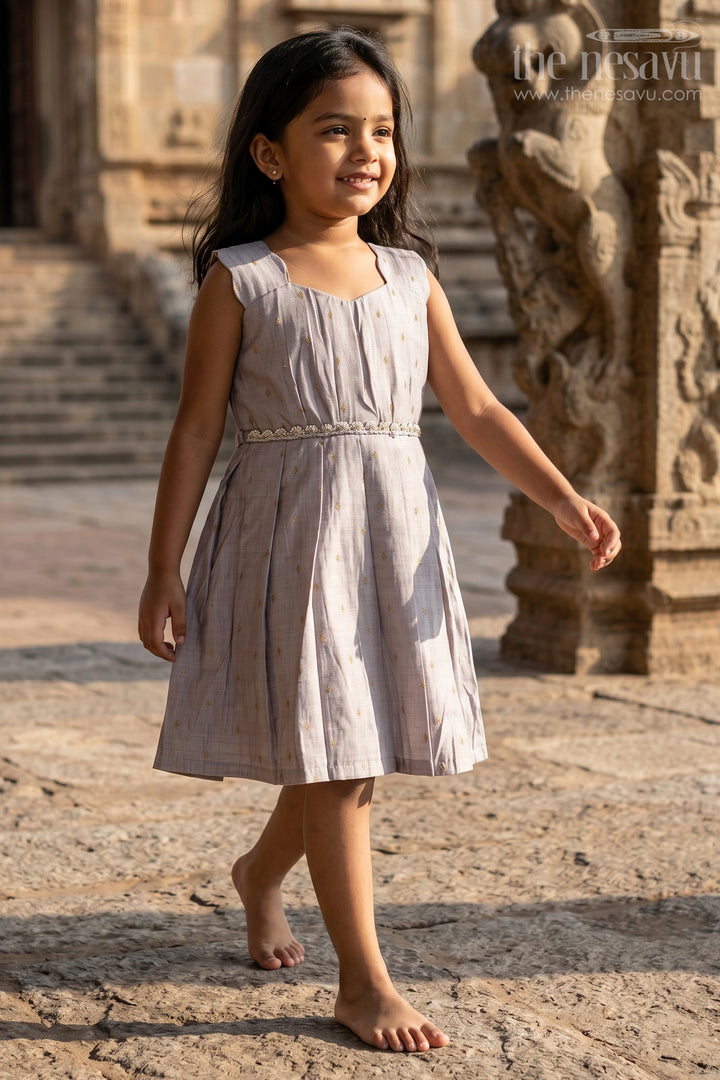 The Nesavu Silk Frock Girls Viscose Silk Frock in Elegant Grey with Pleated Skirt and Waist Embellishment in Plain Color Frock Style Nesavu 18 (2Y) / Gray SF991A-18 Nesavu Girls Plain Color Frock Grey Viscose Silk Embellished Waist Elegant Pleated Skirt