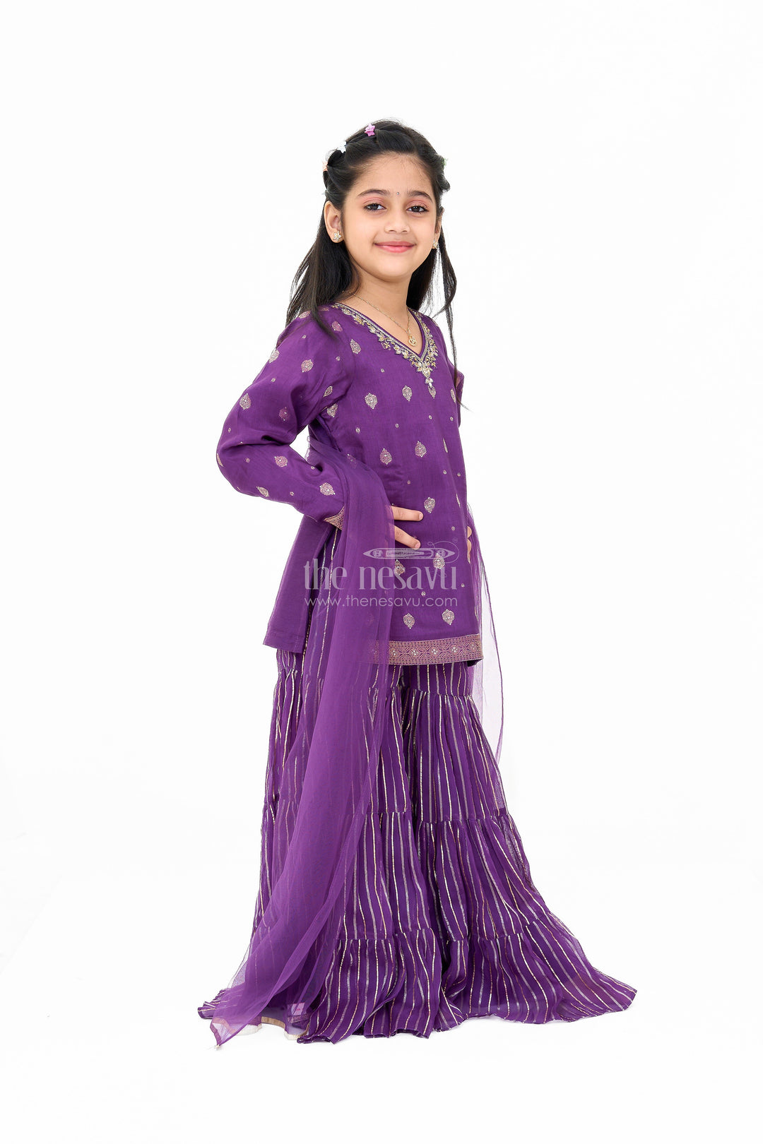 The Nesavu Girls Sharara / Plazo Set Girls Viscose Silk Sharara Set in Purple with Embellished Kurta and Ruffled Pants Nesavu Nesavu Girls Party Wear Sharara Set Purple Embellished Kurta Ruffled Pants