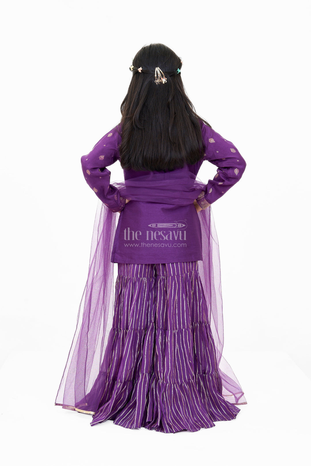 The Nesavu Girls Sharara / Plazo Set Girls Viscose Silk Sharara Set in Purple with Embellished Kurta and Ruffled Pants Nesavu Nesavu Girls Party Wear Sharara Set Purple Embellished Kurta Ruffled Pants