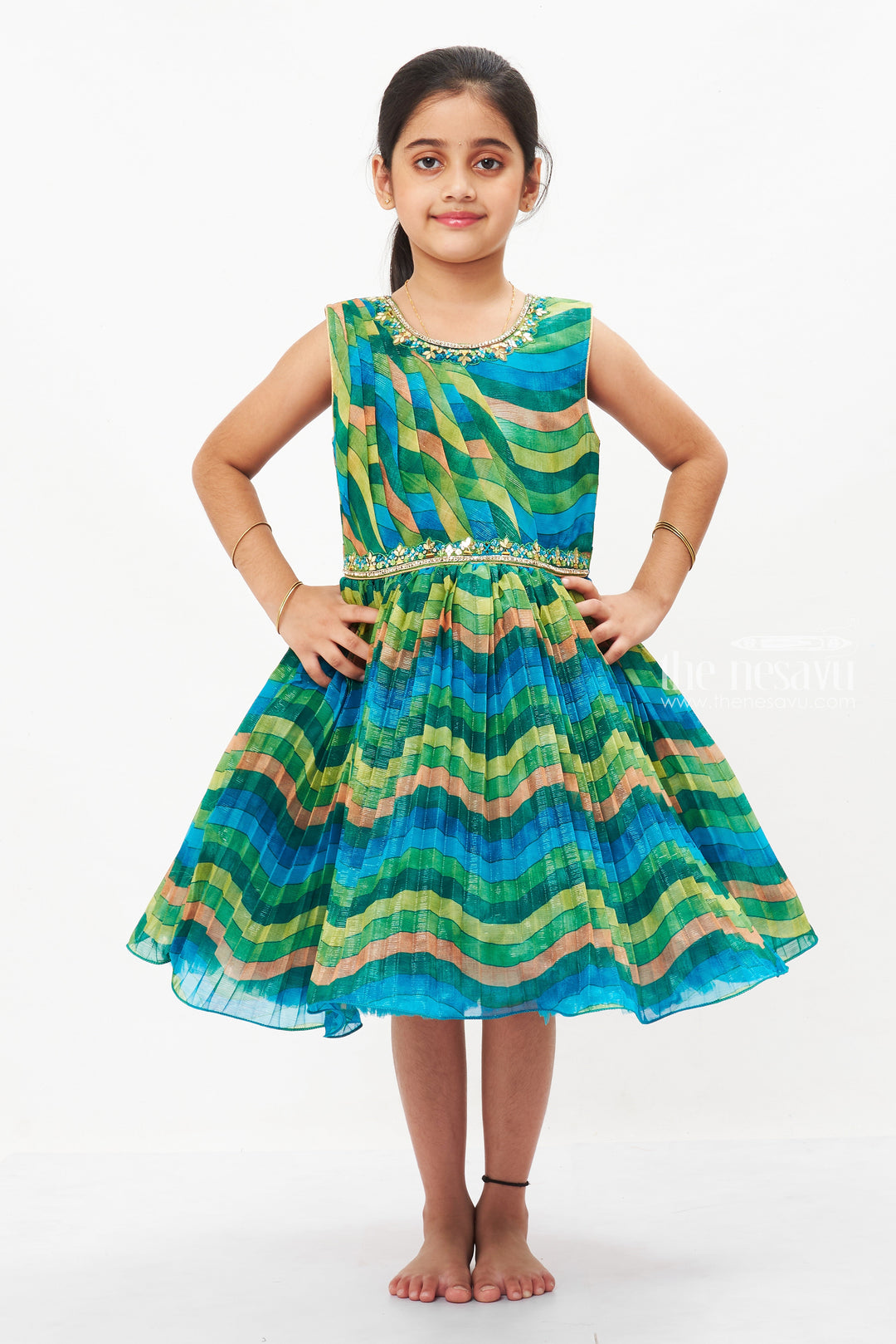 The Nesavu Silk Party Frock Girls Wave-Patterned Silk Frock - Custom Pattu Elegance for Parties and Celebrations Nesavu 18 (2Y) / Green / Georgette SF752A-18 Shop Unique Wave-Patterned Girls Pattu Silk Frocks | New Party Wear Collection | The Nesavu