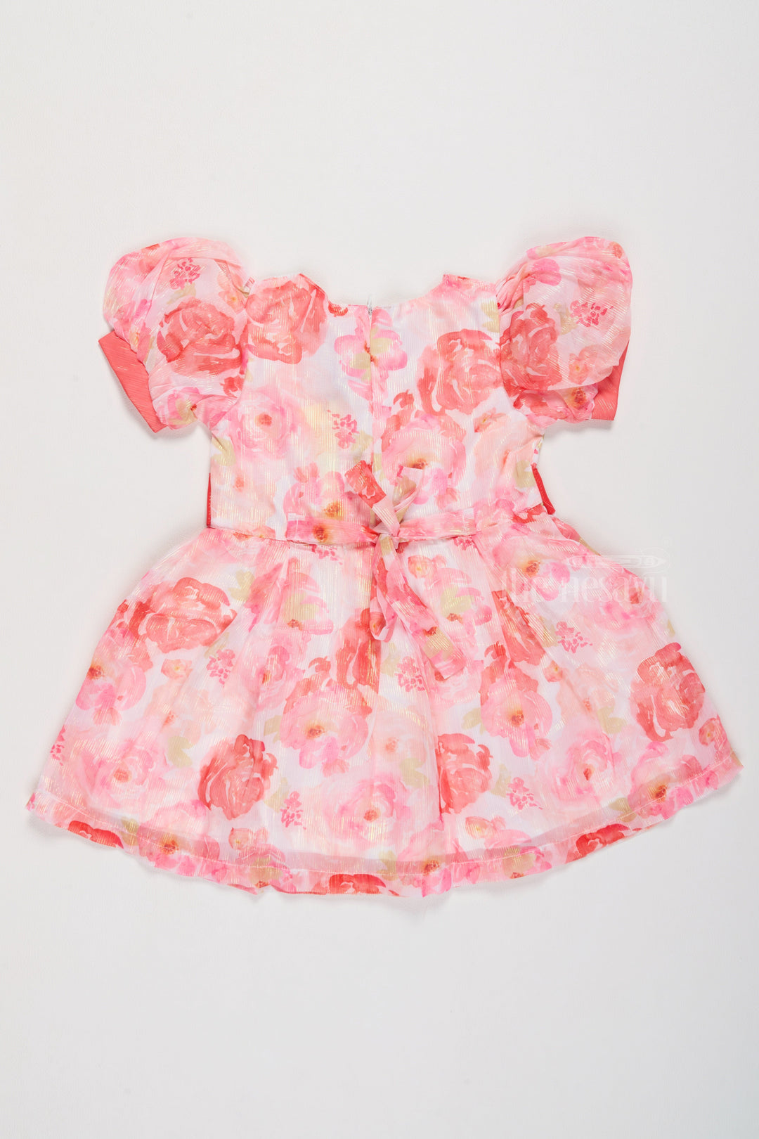 The Nesavu Girls Cotton Frock Girls Wedding Wear Georgette Dress with Peach Floral Print and Puff Sleeves Nesavu Nesavu Girls Wedding Wear Georgette Dress Peach Floral Print Puff Sleeves Coral Waistband