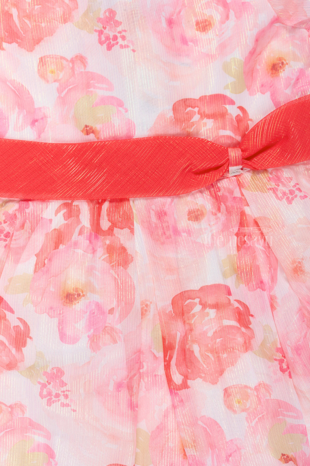 The Nesavu Girls Cotton Frock Girls Wedding Wear Georgette Dress with Peach Floral Print and Puff Sleeves Nesavu Nesavu Girls Wedding Wear Georgette Dress Peach Floral Print Puff Sleeves Coral Waistband