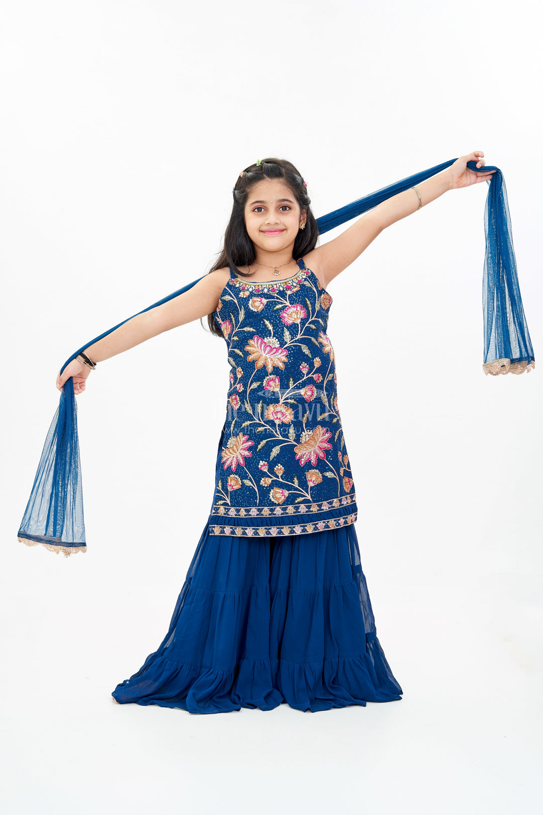 The Nesavu Girls Sharara / Plazo Set Girls Western Sharara Set in Navy Blue with Embroidered Spaghetti Top and Flowy Pants Nesavu 24 (5Y) / Blue GPS517A-24 Nesavu Girls Western Sharara Set Navy Blue Embroidered Spaghetti Top Dupatta