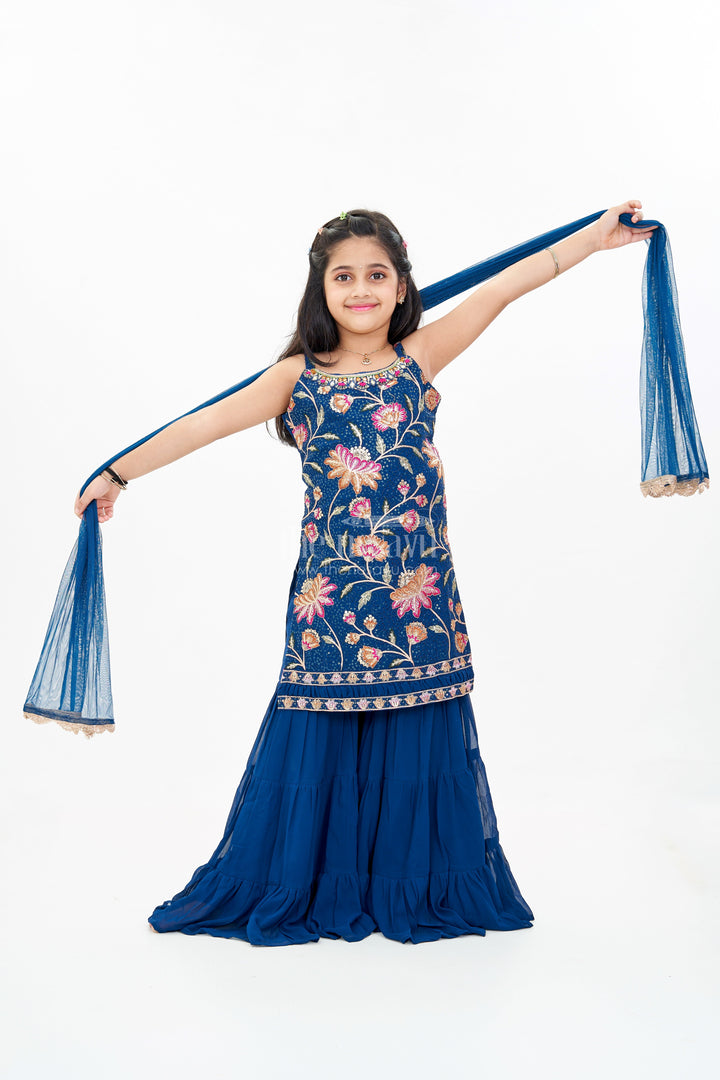 The Nesavu Girls Sharara / Plazo Set Girls Western Sharara Set in Navy Blue with Embroidered Spaghetti Top and Flowy Pants Nesavu 24 (5Y) / Blue GPS517A-24 Nesavu Girls Western Sharara Set Navy Blue Embroidered Spaghetti Top Dupatta