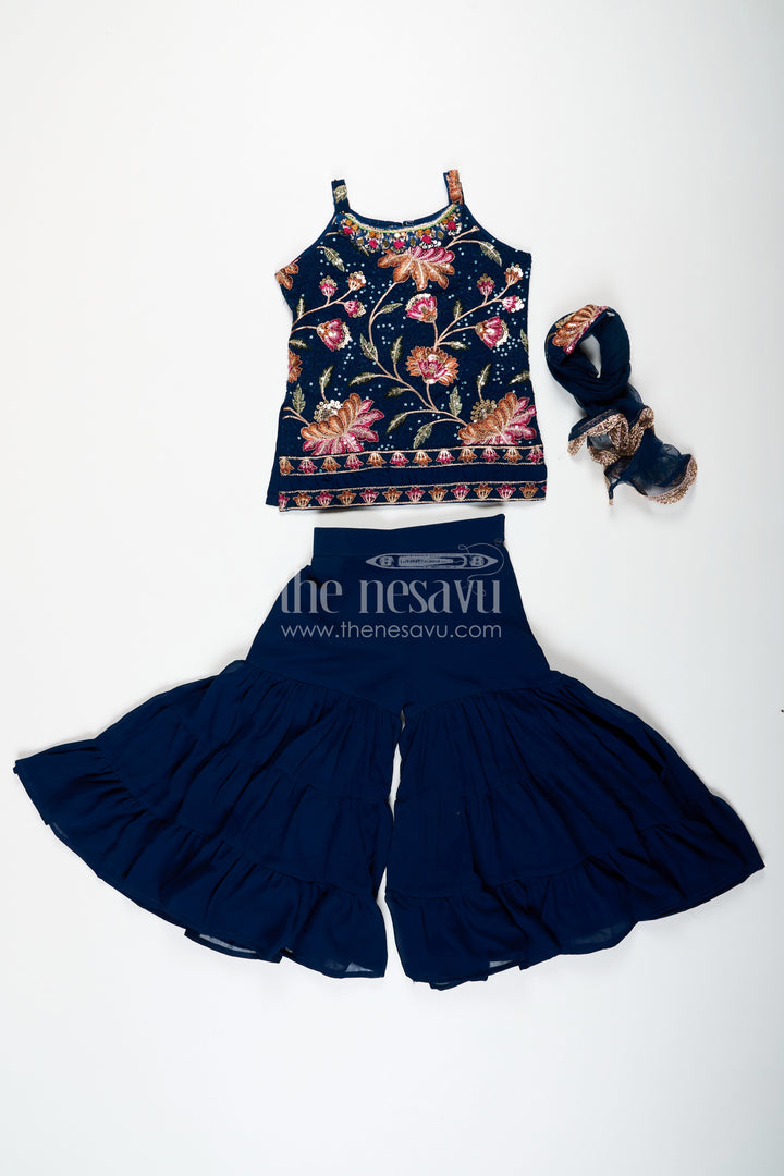 The Nesavu Girls Sharara / Plazo Set Girls Western Sharara Set in Navy Blue with Embroidered Spaghetti Top and Flowy Pants Nesavu Nesavu Girls Western Sharara Set Navy Blue Embroidered Spaghetti Top Dupatta