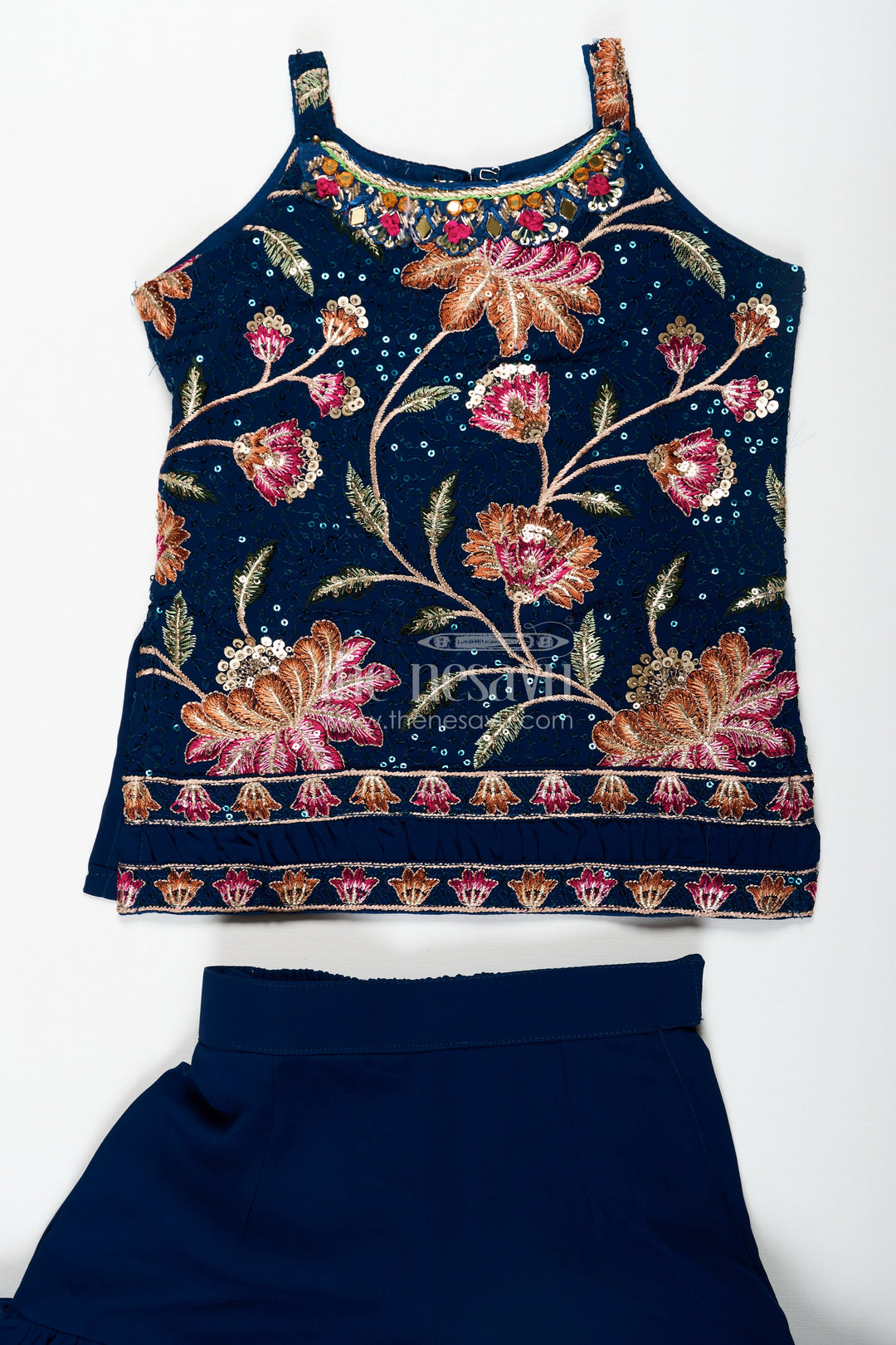 The Nesavu Girls Sharara / Plazo Set Girls Western Sharara Set in Navy Blue with Embroidered Spaghetti Top and Flowy Pants Nesavu Nesavu Girls Western Sharara Set Navy Blue Embroidered Spaghetti Top Dupatta