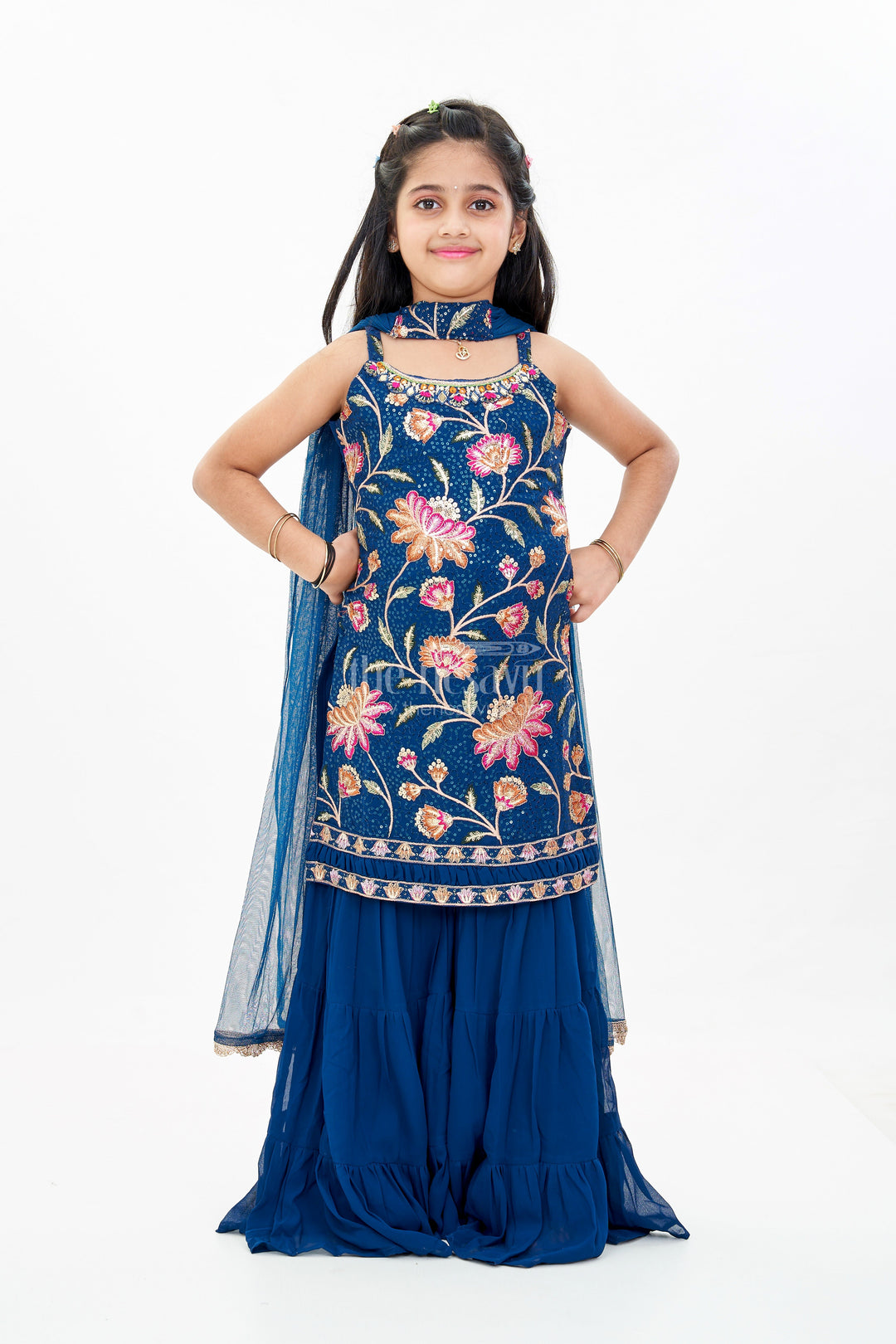 The Nesavu Girls Sharara / Plazo Set Girls Western Sharara Set in Navy Blue with Embroidered Spaghetti Top and Flowy Pants Nesavu Nesavu Girls Western Sharara Set Navy Blue Embroidered Spaghetti Top Dupatta