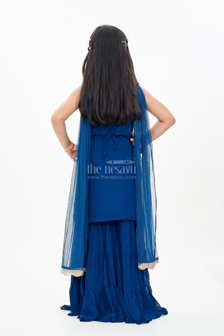 The Nesavu Girls Sharara / Plazo Set Girls Western Sharara Set in Navy Blue with Embroidered Spaghetti Top and Flowy Pants Nesavu Nesavu Girls Western Sharara Set Navy Blue Embroidered Spaghetti Top Dupatta