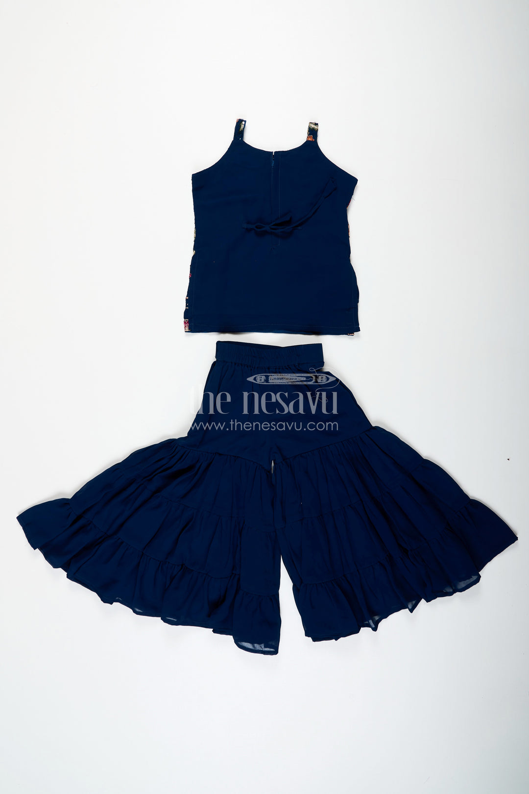 The Nesavu Girls Sharara / Plazo Set Girls Western Sharara Set in Navy Blue with Embroidered Spaghetti Top and Flowy Pants Nesavu Nesavu Girls Western Sharara Set Navy Blue Embroidered Spaghetti Top Dupatta