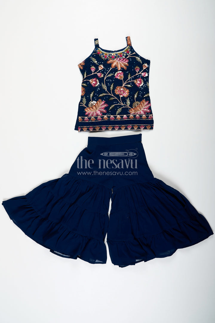 The Nesavu Girls Sharara / Plazo Set Girls Western Sharara Set in Navy Blue with Embroidered Spaghetti Top and Flowy Pants Nesavu Nesavu Girls Western Sharara Set Navy Blue Embroidered Spaghetti Top Dupatta