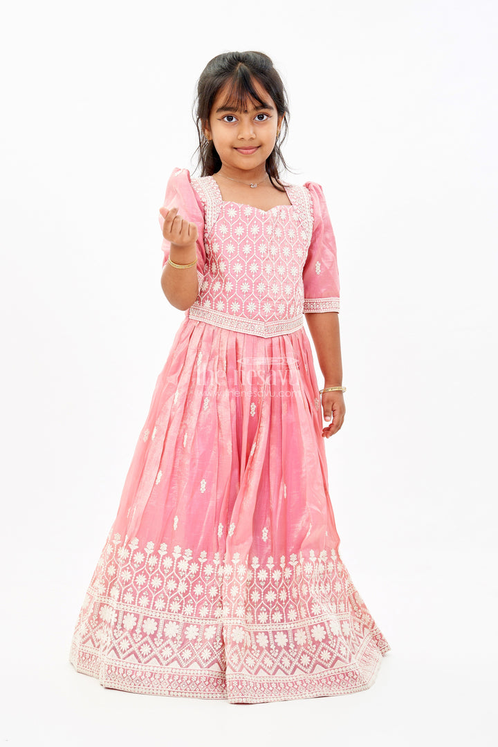 The Nesavu Girls Silk Gown Girls White and Pink Anarkali Dress with Heavy Embroidery and Gold Accents Nesavu 18 (2Y) / Pink GA292A-18 Nesavu Girls White Pink Anarkali Dress Gold Embroidery Elegant Flair