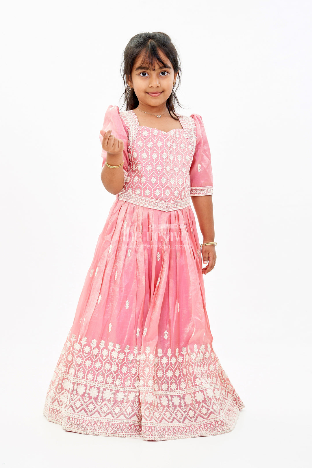 The Nesavu Girls Silk Gown Girls White and Pink Anarkali Dress with Heavy Embroidery and Gold Accents Nesavu 18 (2Y) / Pink GA292A-18 Nesavu Girls White Pink Anarkali Dress Gold Embroidery Elegant Flair