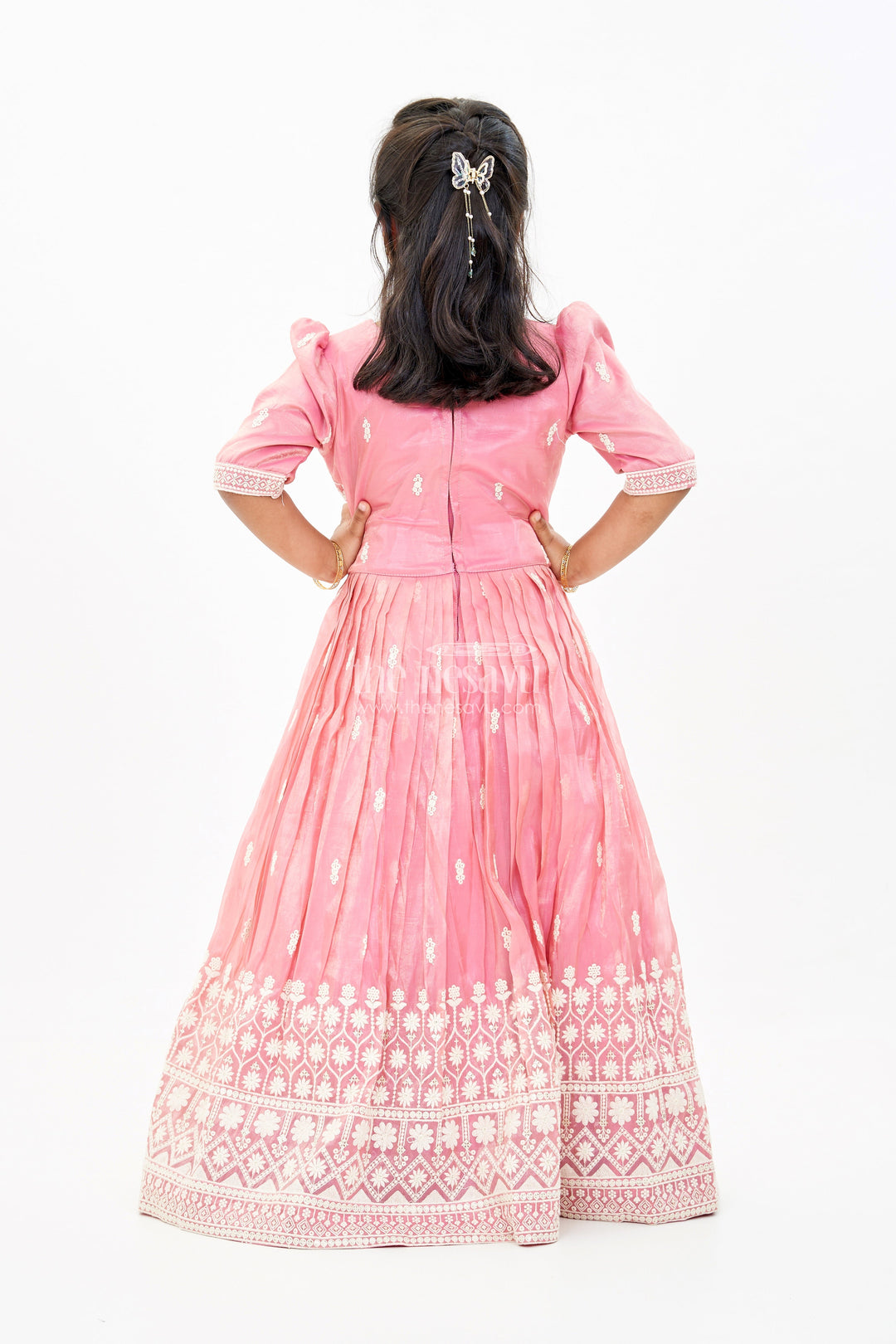 The Nesavu Girls Silk Gown Girls White and Pink Anarkali Dress with Heavy Embroidery and Gold Accents Nesavu Nesavu Girls White Pink Anarkali Dress Gold Embroidery Elegant Flair