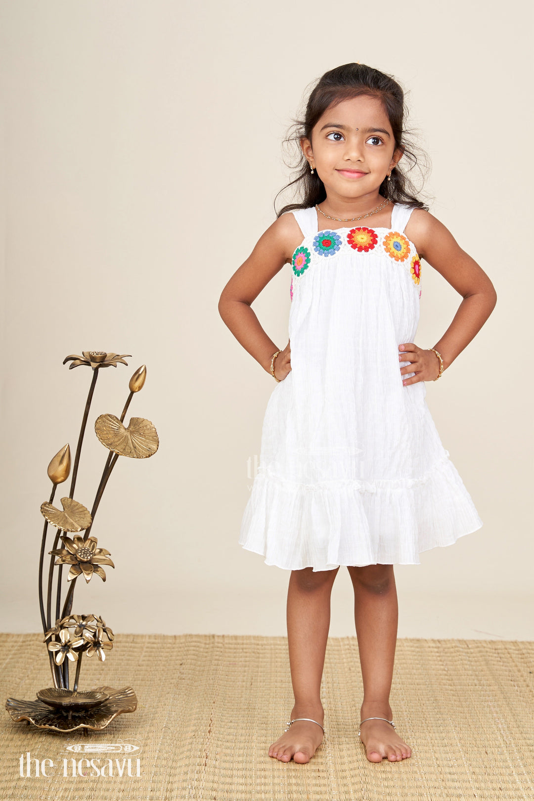 The Nesavu Girls Cotton Frock Girls White Color Frock Design with Popcorn Crush Fabric and Multicolor Crochet Embellished Bodice Nesavu 16 (1Y) / White GFC1641B-16 Nesavu Girls White Color Frock Design Popcorn Crush Multicolor Crochet Embellished Bodice