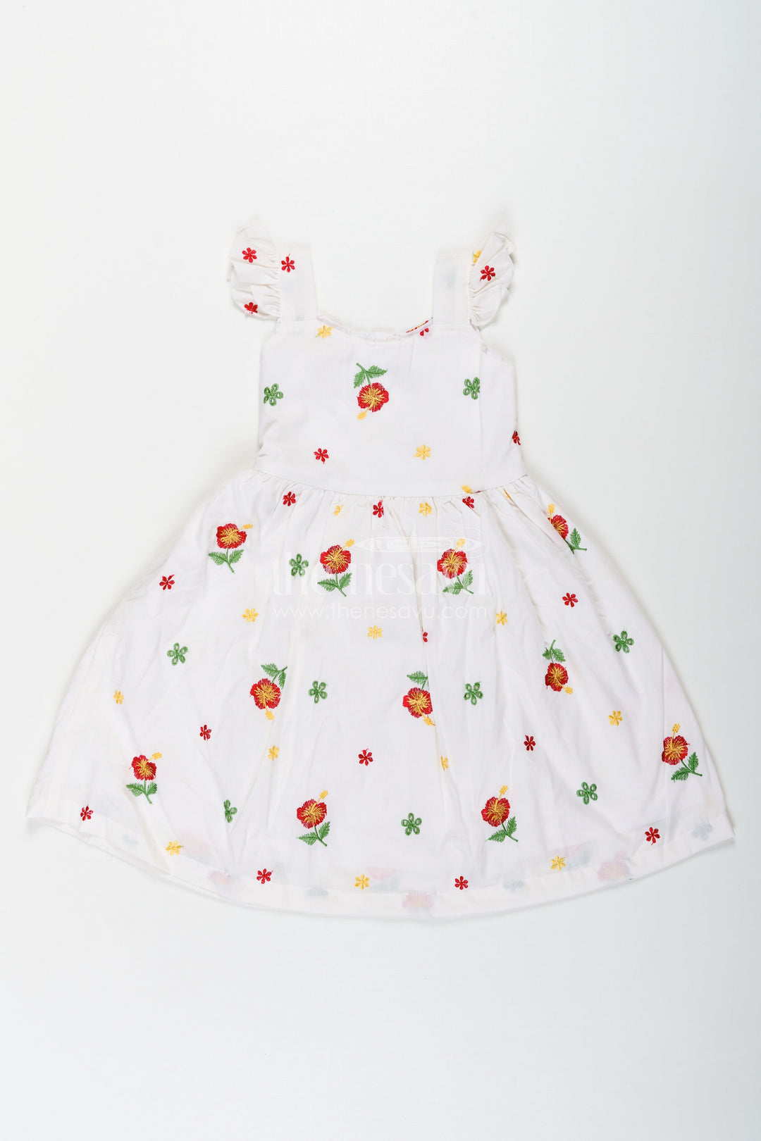The Nesavu Girls Cotton Frock Girls White Floral Frock in Cotton Embroidery with Delicate Ruffles and Playful Design Nesavu 18 (2Y) / White GFC1654B-18 Nesavu Girls White Floral Frock Cotton Embroidery Ruffled Sleeves Flared Skirt