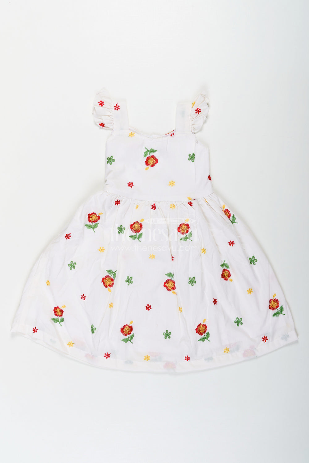 The Nesavu Girls Cotton Frock Girls White Floral Frock in Cotton Embroidery with Delicate Ruffles and Playful Design Nesavu 18 (2Y) / White GFC1654B-18 Nesavu Girls White Floral Frock Cotton Embroidery Ruffled Sleeves Flared Skirt