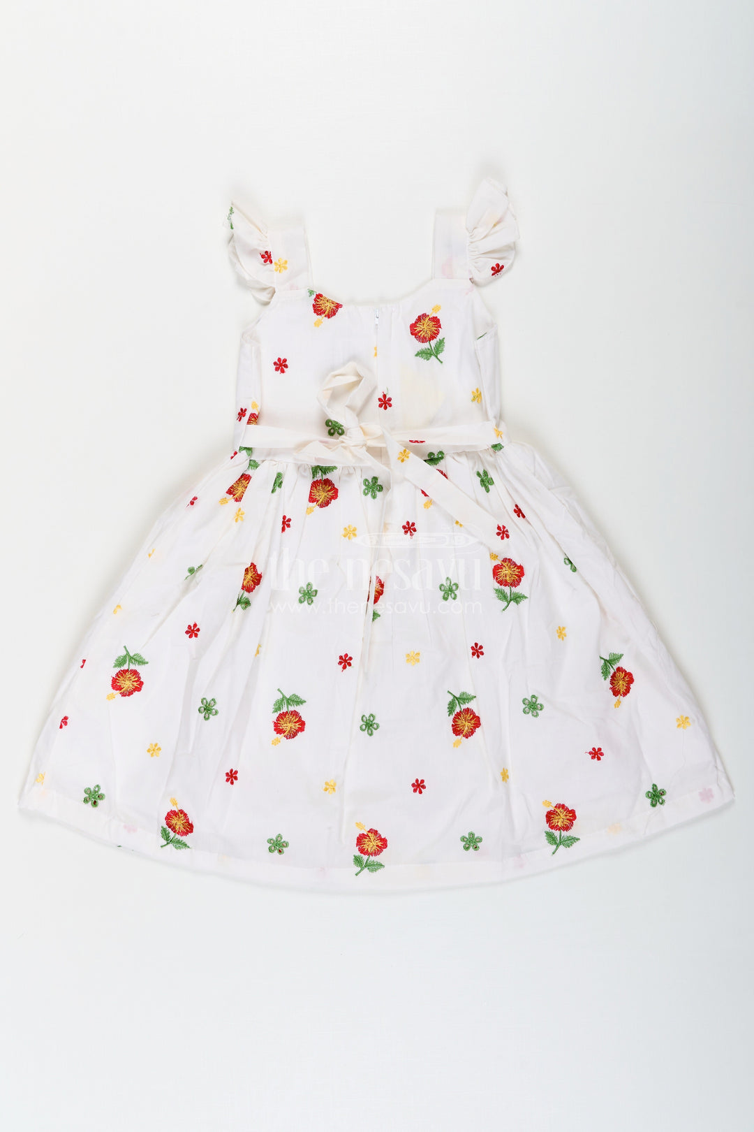 The Nesavu Girls Cotton Frock Girls White Floral Frock in Cotton Embroidery with Delicate Ruffles and Playful Design Nesavu Nesavu Girls White Floral Frock Cotton Embroidery Ruffled Sleeves Flared Skirt