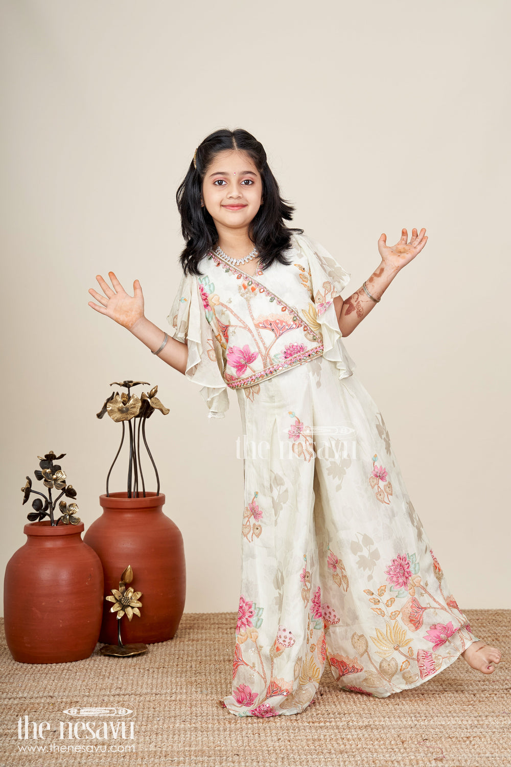 The Nesavu Girls white floral sharara set with puff sleeve blouse for birthdays and events Nesavu 24 (5Y) / White GPS720A-24 Nesavu girls white floral printed sharara set puff sleeve top  perfect festive birthdays family functions