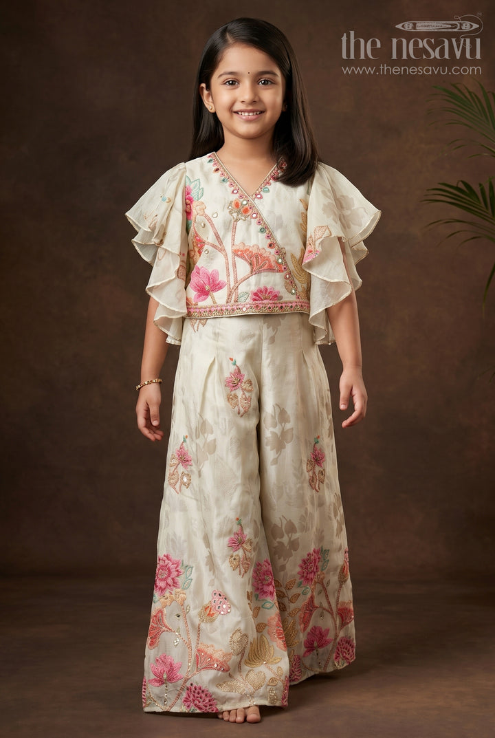 The Nesavu Girls Sharara / Plazo Set Girls White Floral Sharara Set with Puff Sleeve Blouse for Birthdays and Events Nesavu 24 (5Y) / White GPS720A-24 Nesavu girls white floral printed sharara set puff sleeve top  perfect festive birthdays family functions