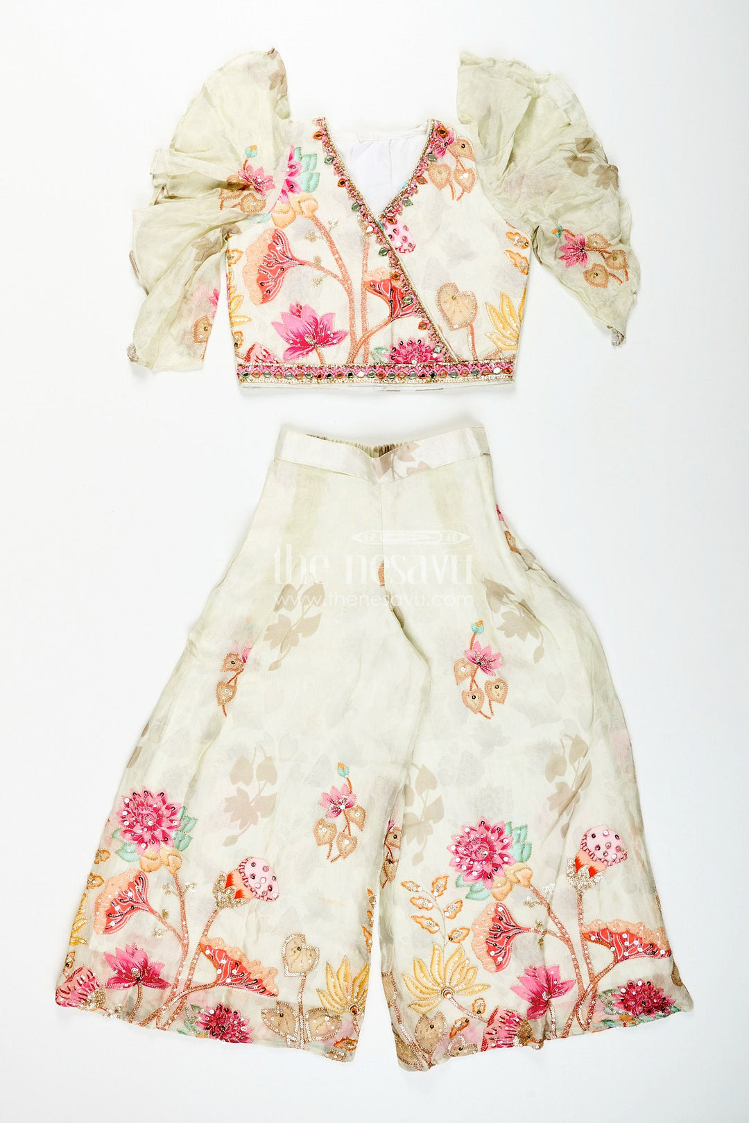 The Nesavu Girls white floral sharara set with puff sleeve blouse for birthdays and events Nesavu Nesavu girls white floral printed sharara set puff sleeve top  perfect festive birthdays family functions