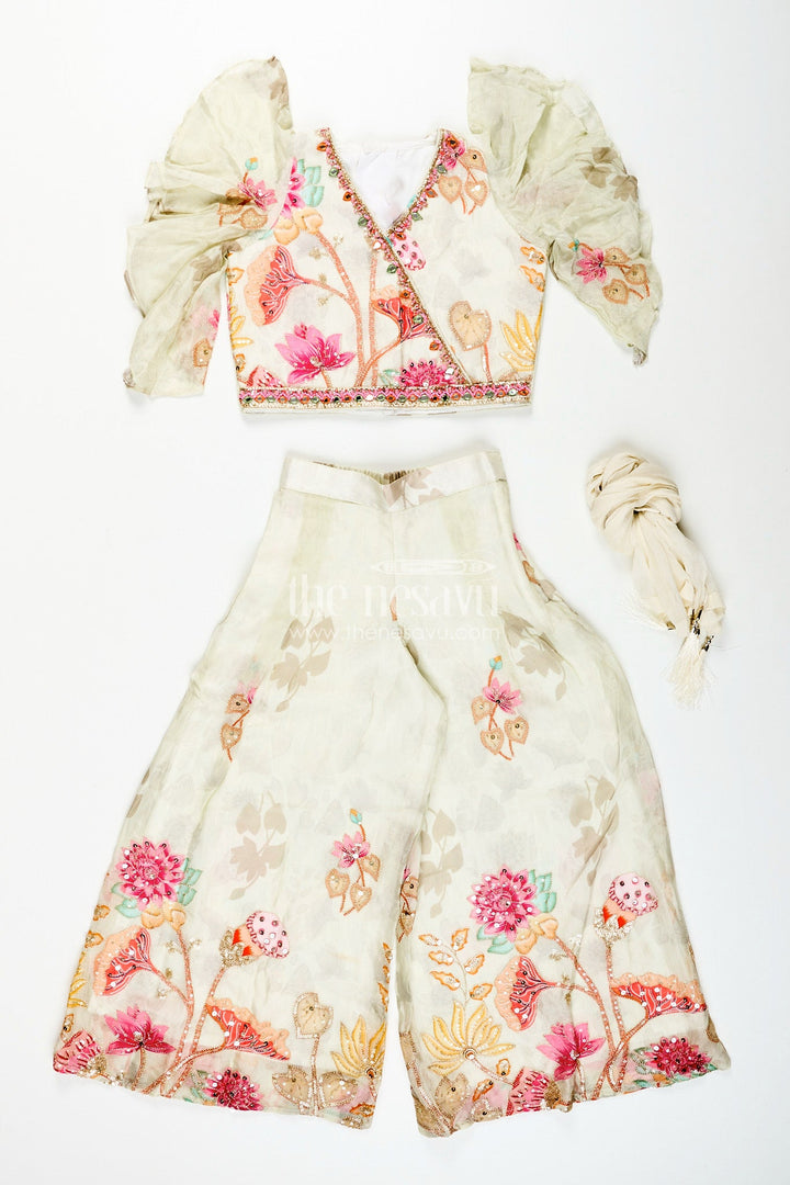The Nesavu Girls white floral sharara set with puff sleeve blouse for birthdays and events Nesavu Nesavu girls white floral printed sharara set puff sleeve top  perfect festive birthdays family functions