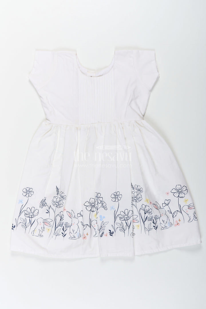 The Nesavu Girls Cotton Frock Girls White Frock Dress in Cotton with Digital Bunny Border and Pintuck Front Panel Nesavu 20 (3Y) / White GFC1661A-20 Nesavu Girls White Frock Dress Cotton Digital Bunny Floral Border Pintuck Front