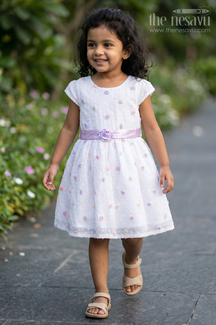 The Nesavu Girls Cotton Frock Girls White Frock with Delicate Floral Embroidery and Satin Bow for Elegant Look Nesavu 20 (3Y) / White GFC1625A-20 Girls White Frock Floral Embroidery Satin Bow Special Occasions | The Nesavu