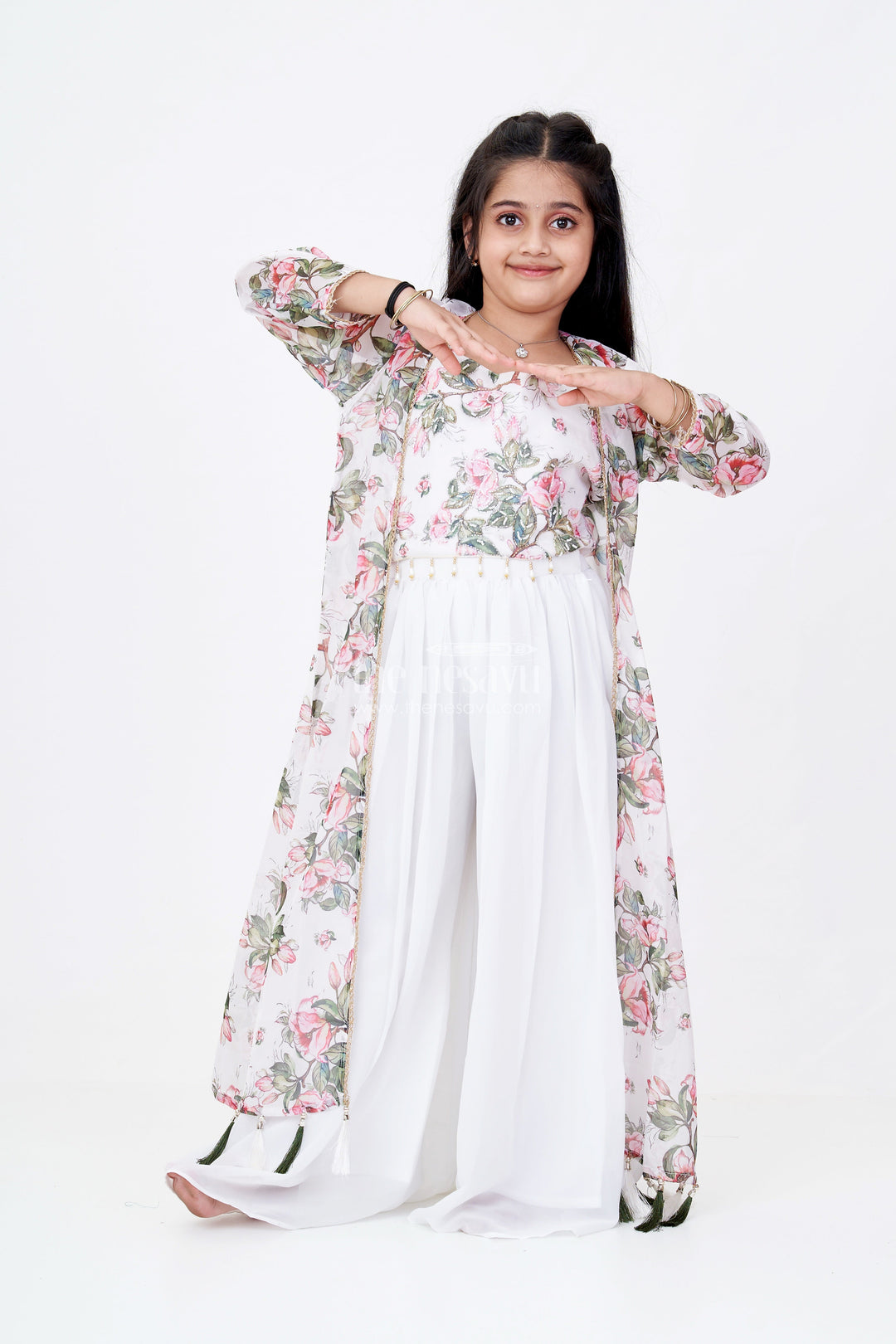 The Nesavu Girls Sharara / Plazo Set Girls White Kurta Sharara Set with Floral Digital Printed Jacket and Wide-Leg Pants Nesavu 24 (5Y) / Cream GPS518A-24 Nesavu Girls White Kurta Sharara Set Floral Printed Long Jacket Tassel Details