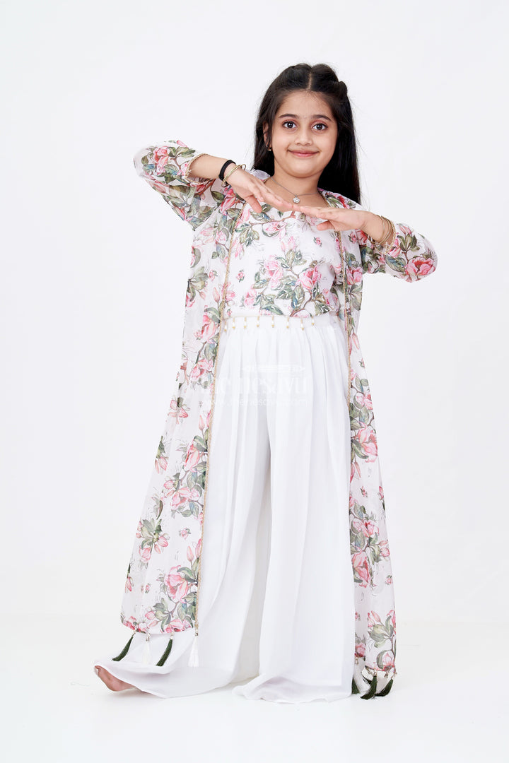The Nesavu Girls Sharara / Plazo Set Girls White Kurta Sharara Set with Floral Digital Printed Jacket and Wide-Leg Pants Nesavu 24 (5Y) / Cream GPS518A-24 Nesavu Girls White Kurta Sharara Set Floral Printed Long Jacket Tassel Details