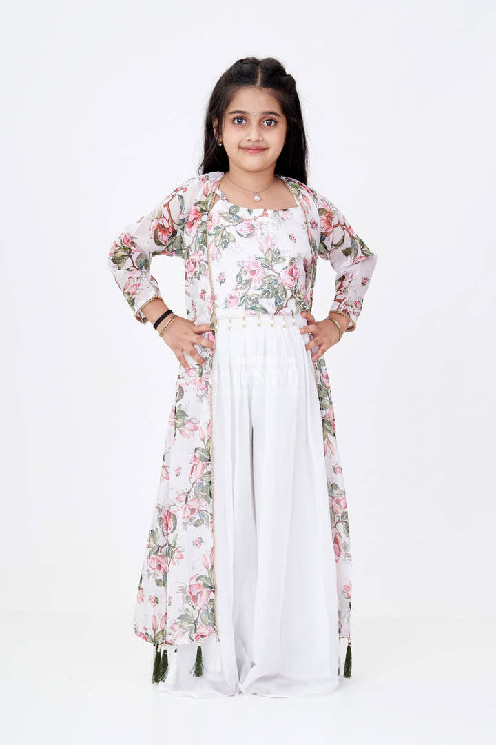 The Nesavu Girls Sharara / Plazo Set Girls White Kurta Sharara Set with Floral Digital Printed Jacket and Wide-Leg Pants Nesavu Nesavu Girls White Kurta Sharara Set Floral Printed Long Jacket Tassel Details