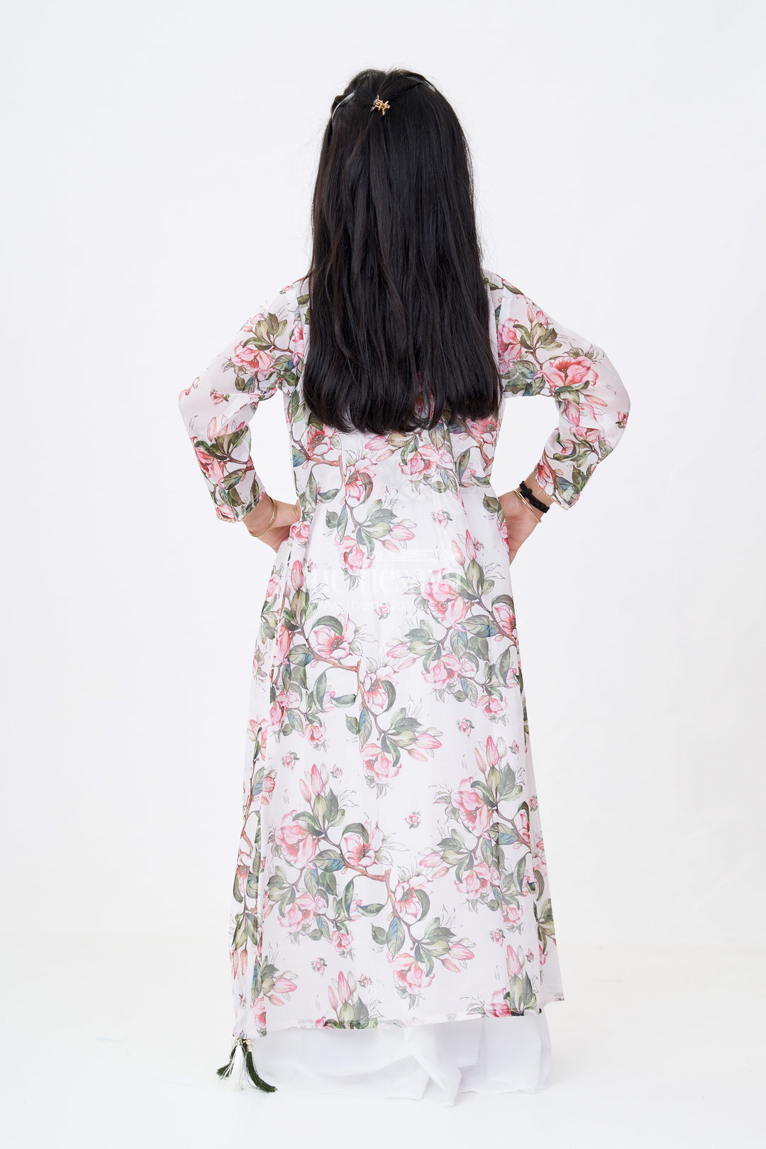 The Nesavu Girls Sharara / Plazo Set Girls White Kurta Sharara Set with Floral Digital Printed Jacket and Wide-Leg Pants Nesavu Nesavu Girls White Kurta Sharara Set Floral Printed Long Jacket Tassel Details