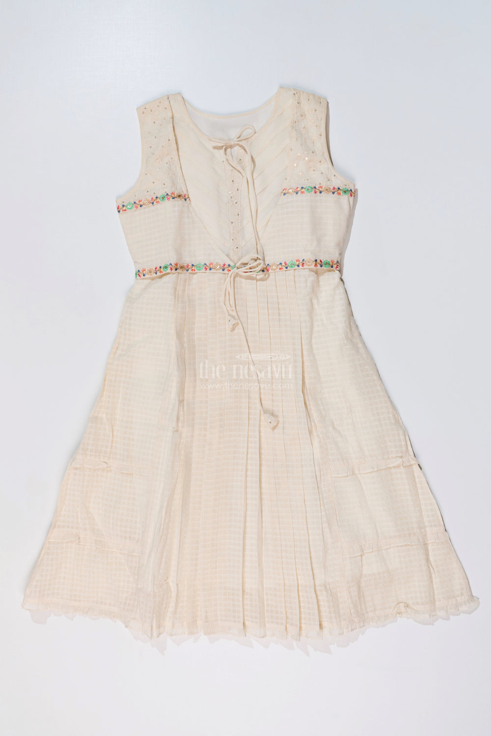 The Nesavu Girls Cotton Frock Girls White Lace Frock with Delicate Embroidery and Pleated Skirt for a Timeless Look Nesavu 34 (10Y) / Cream GFC1627A-34 Nesavu Girls White Lace Frock Delicate Embroidery Pleated Flared Skirt