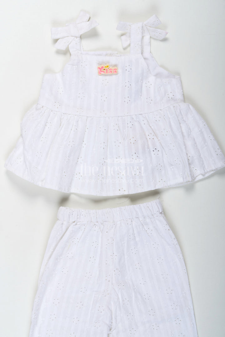 The Nesavu Girls Casual Set Girls White Party Wear Set in Hakoba Cotton with Bow-Tie Straps and Elegant Embroidery Nesavu 14 (6M) / White GPS597A-14 Nesavu Girls White Party Wear Set in Hakoba Cotton with Embroidered Design and Bow-Tie Top