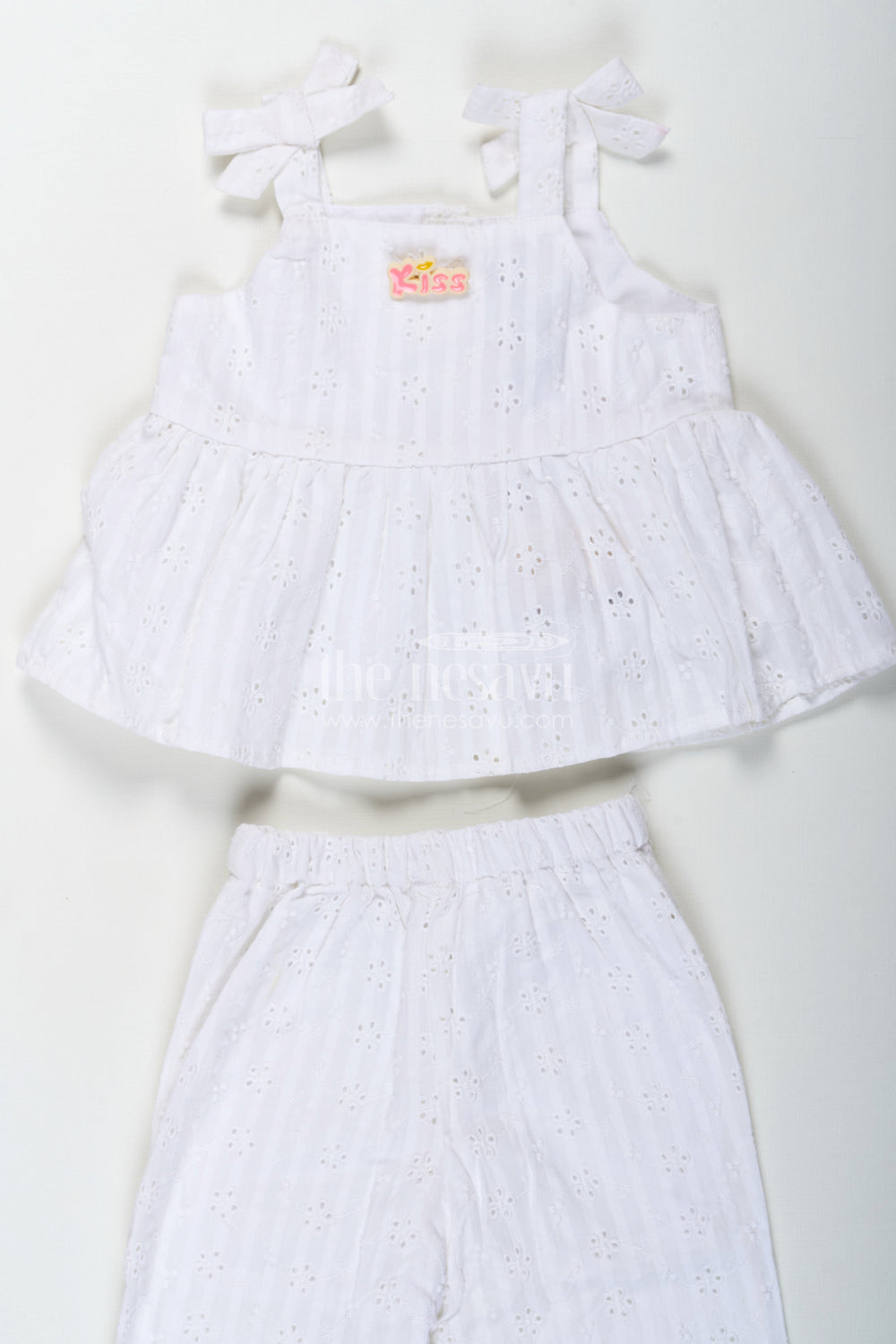 The Nesavu Girls Casual Set Girls White Party Wear Set in Hakoba Cotton with Bow-Tie Straps and Elegant Embroidery Nesavu 14 (6M) / White GPS597A-14 Nesavu Girls White Party Wear Set in Hakoba Cotton with Embroidered Design and Bow-Tie Top