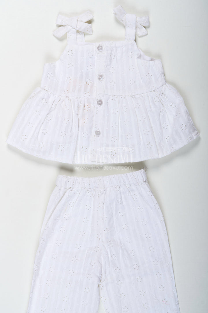 The Nesavu Girls Casual Set Girls White Party Wear Set in Hakoba Cotton with Bow-Tie Straps and Elegant Embroidery Nesavu Nesavu Girls White Party Wear Set in Hakoba Cotton with Embroidered Design and Bow-Tie Top