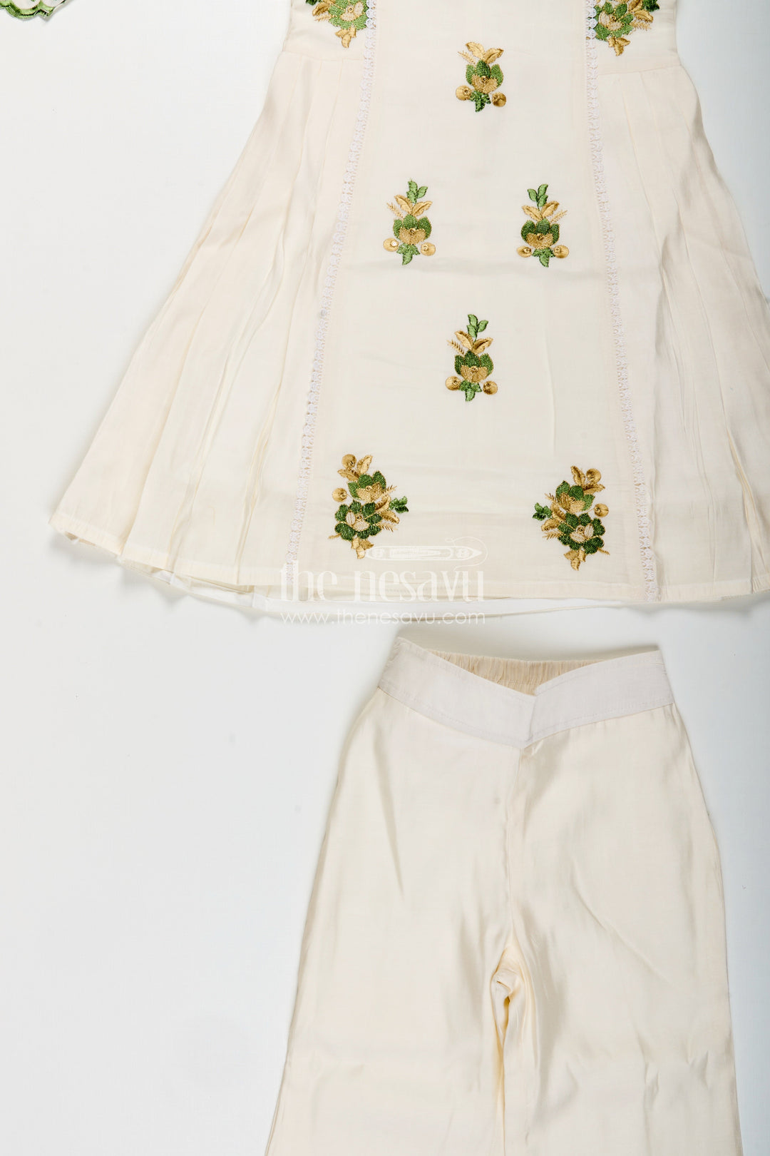 The Nesavu Girls Sharara / Plazo Set Girls white sharara set with thread embroidery for festive occasions Nesavu Nesavu girls white cotton sharara set with green thread embroidery and dupatta for festive wear