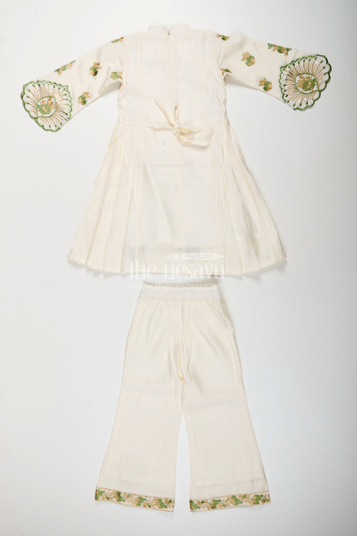 The Nesavu Girls Sharara / Plazo Set Girls white sharara set with thread embroidery for festive occasions Nesavu Nesavu girls white cotton sharara set with green thread embroidery and dupatta for festive wear