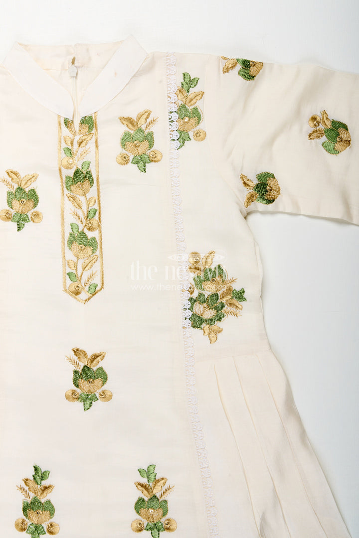 The Nesavu Girls Sharara / Plazo Set Girls white sharara set with thread embroidery for festive occasions Nesavu Nesavu girls white cotton sharara set with green thread embroidery and dupatta for festive wear