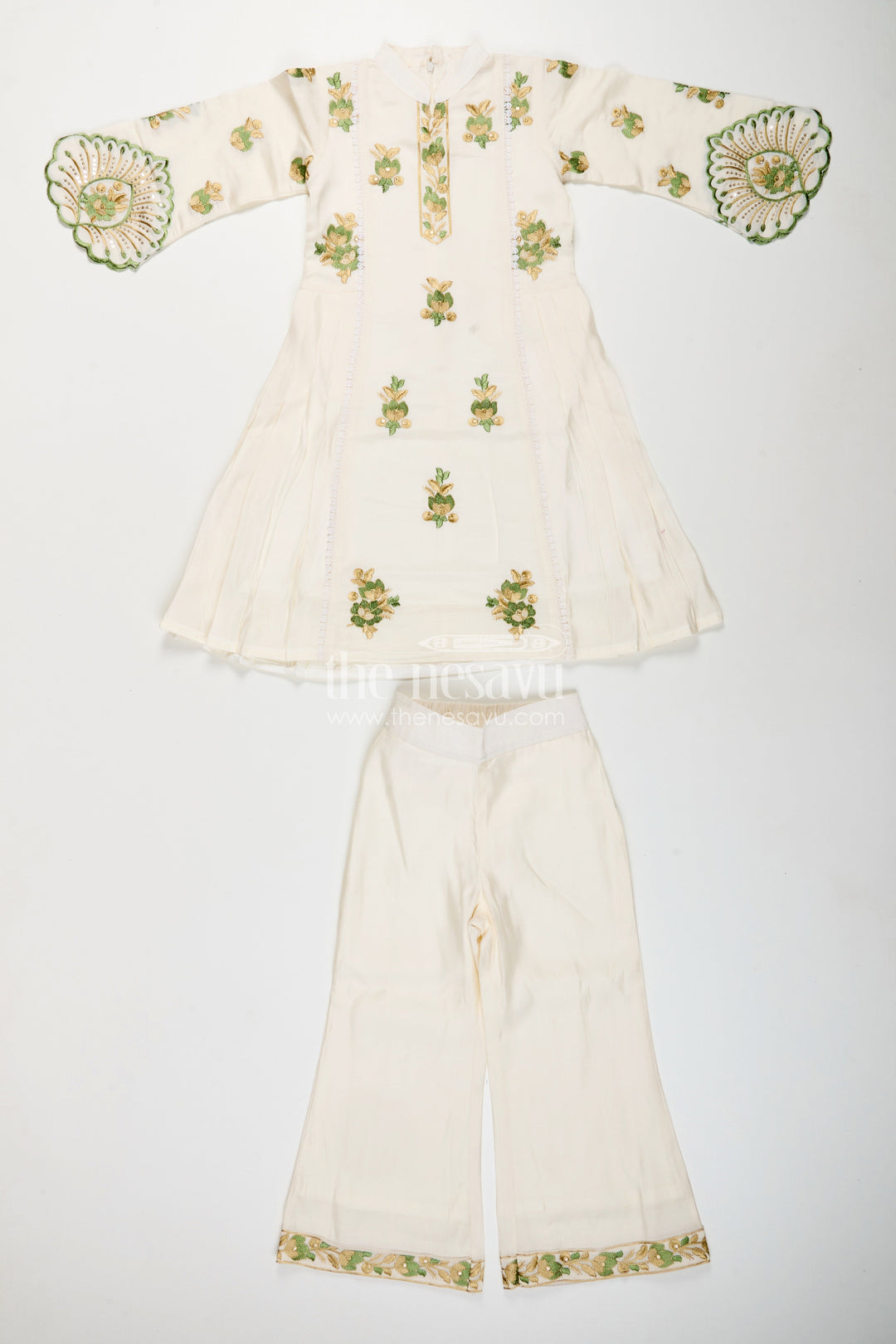 The Nesavu Girls Sharara / Plazo Set Girls white sharara set with thread embroidery for festive occasions Nesavu Nesavu girls white cotton sharara set with green thread embroidery and dupatta for festive wear